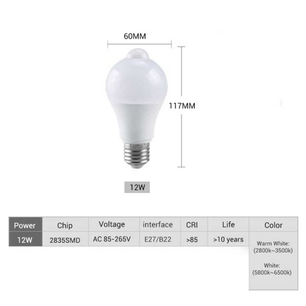 E27 Smart Sensor Night LED Light Bulb Smart PIR Motion Sensor Lamp For Stair Toilet Porch Garage Balcony Bathroom - Image 6