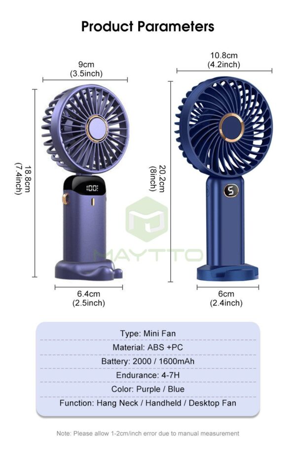 Maytto Mini Portable Fan LED Digital Display Foldable Handheld Fan Telescopic Folding Fan Dormitory Rechargeable Fan Quiet Fashion Fan Low Noise Flexible Fan Hang Handheld Desktop Fan - Image 3