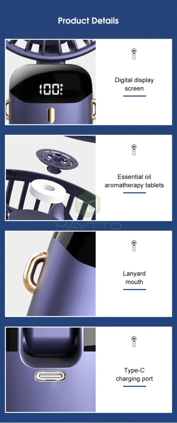 Maytto Mini Portable Fan LED Digital Display Foldable Handheld Fan Telescopic Folding Fan Dormitory Rechargeable Fan Quiet Fashion Fan Low Noise Flexible Fan Hang Handheld Desktop Fan - Image 4