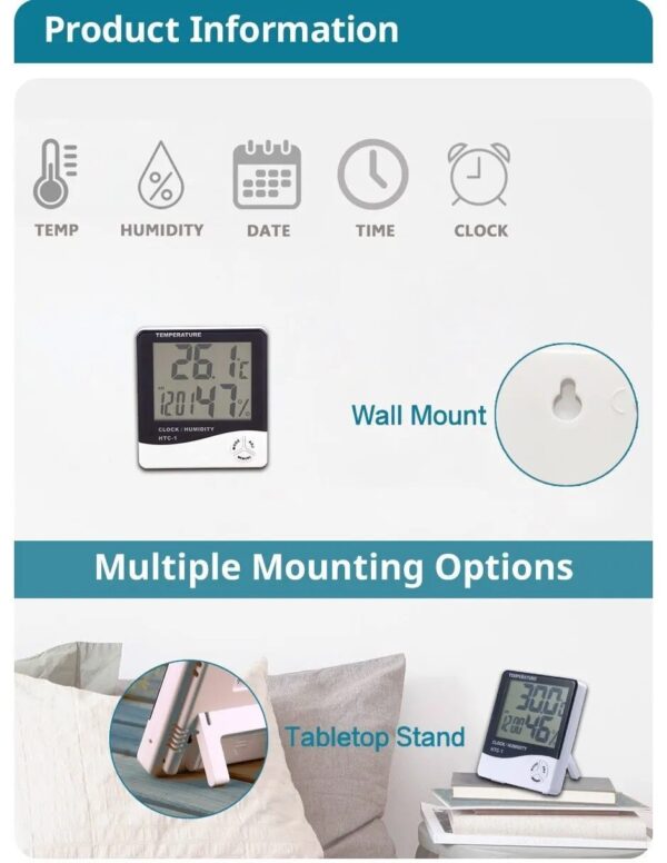 HTC-2 Indoor LCD Digital Temperature Humidity Meter Thermometer With Alarm Clock - Image 2
