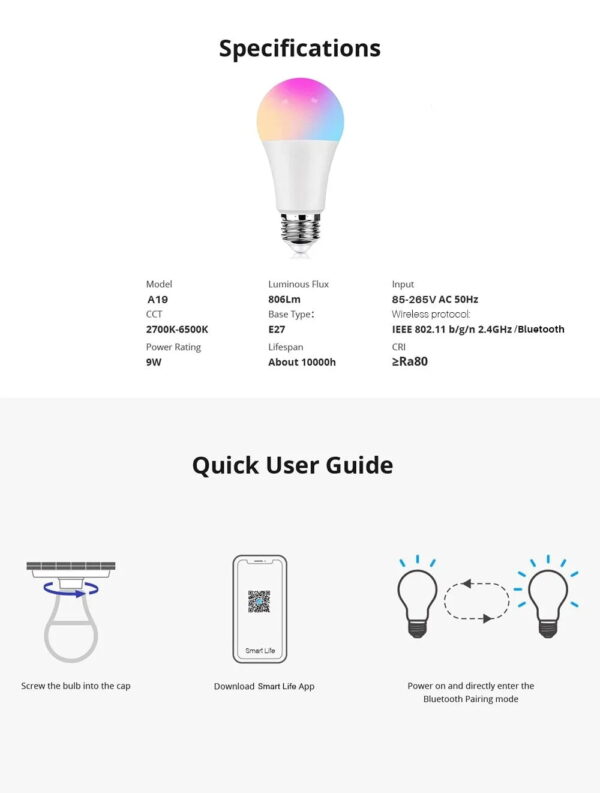 Tuya Smart Bulb E27 WiFi/Bluetooth Dimmable LED Light Bulb RGBCW 100-240V Smart Life App Control Support Alexa Google Home - Image 12