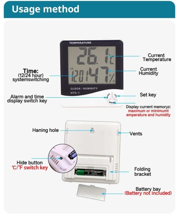 HTC-2 Indoor LCD Digital Temperature Humidity Meter Thermometer With Alarm Clock - Image 4
