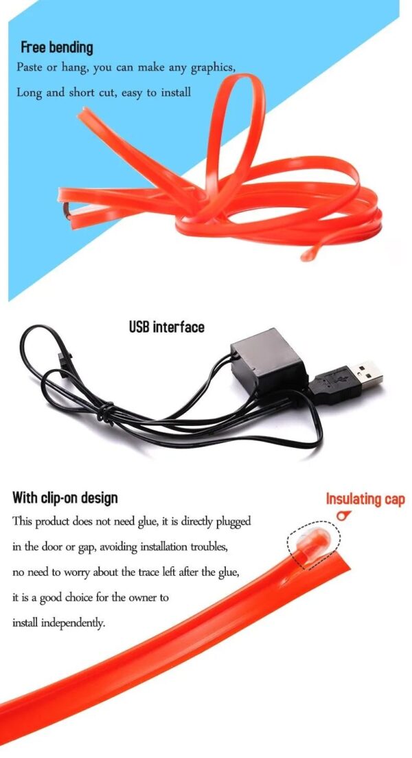 Geepact 3M Light Strip El Wire String Strip Light Cold Lights Neon LED Light Decorative Lamp Car Rope Strip Light for Party Automotive Car Interior Decoration - Image 4