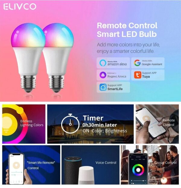 Tuya Smart Bulb E27 WiFi/Bluetooth Dimmable LED Light Bulb RGBCW 100-240V Smart Life App Control Support Alexa Google Home