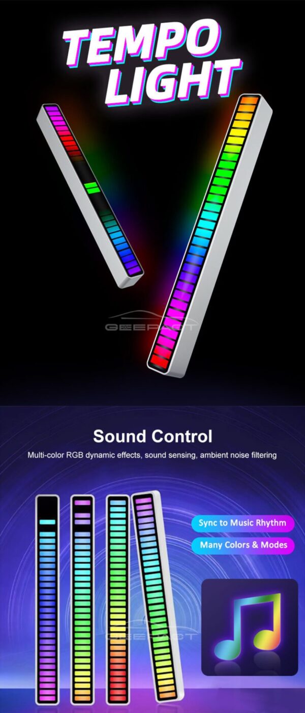 Geepact RGB Pickup Light Car Mounted Music Spectrum Light Voice Control Rhythm Light Car Ambience Light Desktop Light Net Red Light Creative Music Spectrum Rhythm Lamp - strip light - Image 3