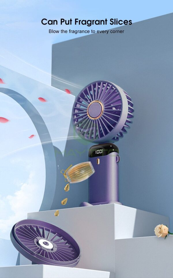 Maytto Mini Portable Fan LED Digital Display Foldable Handheld Fan Telescopic Folding Fan Dormitory Rechargeable Fan Quiet Fashion Fan Low Noise Flexible Fan Hang Handheld Desktop Fan - Image 2